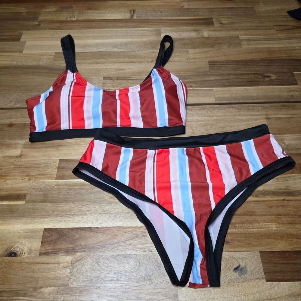 Denater Striped Bikini Set Red Blue White Tie Back 2XL Plus Size Swimwear